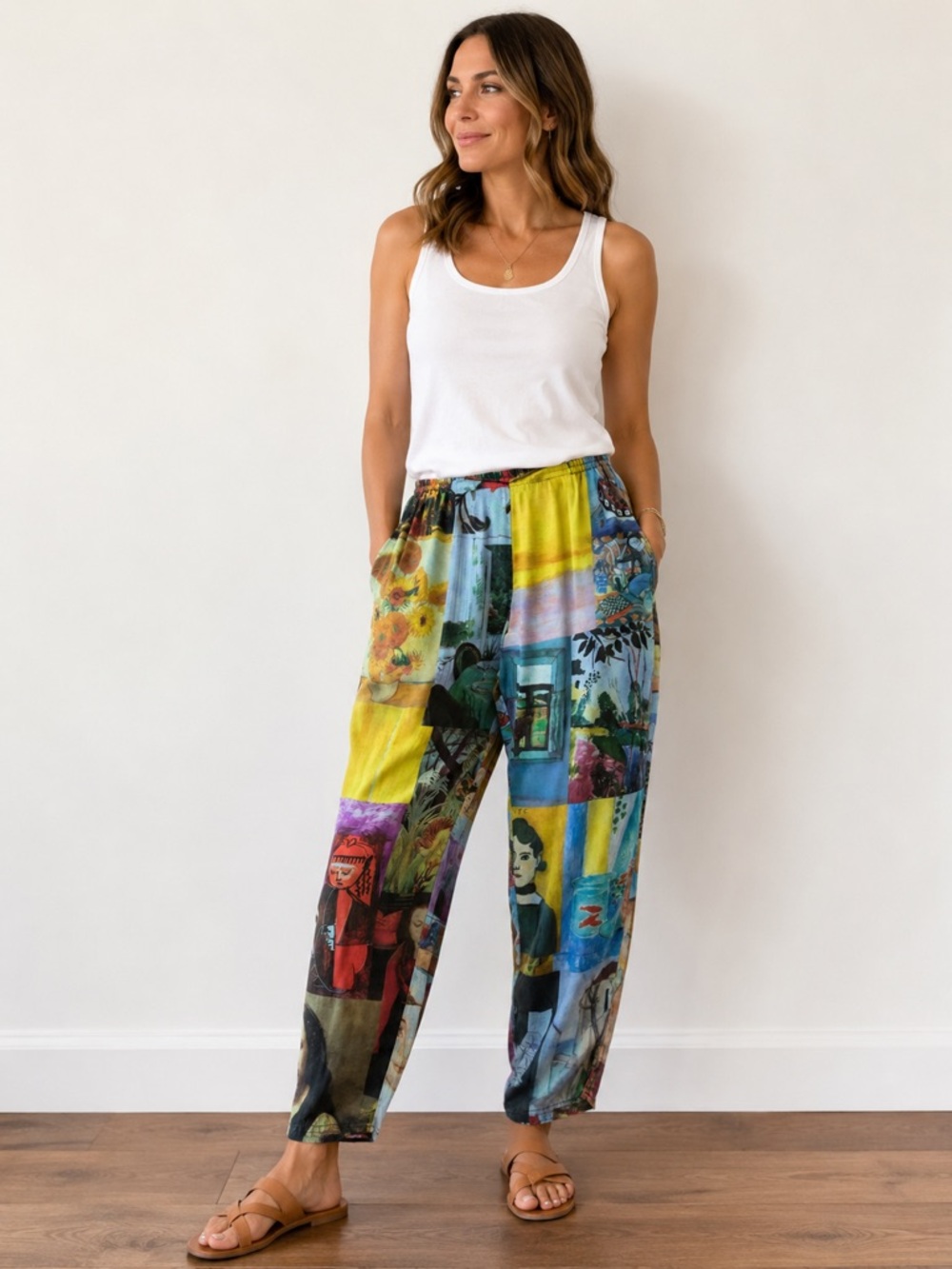URU 100% Silk Art Print Pants Elastic Waist Pockets Made USA NWOT No Size Tag - Picture 1 of 12